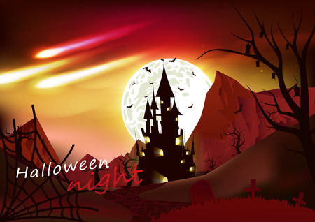 Halloween, fantasy poster horror story, blood night with comets scene, invitation card abstract background vector illustrationのイラスト素材