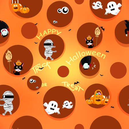 Halloween pattern seamless, texture fabric for kids cute background vector illustration, spooky, vampire, mummy, cats and pumpkin cartoon collection charactersのイラスト素材