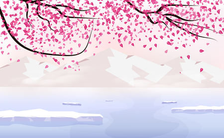 Sakura falling scatter, landscape with ice mountain, season change holiday japanese background traveling poster concept, vector illustrationのイラスト素材
