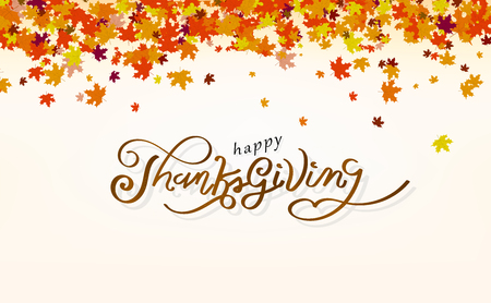 Thanksgiving, calligraphy message happiness design autumn concept, maple leaves scatter cluster in nature abstract background vector illustrationのイラスト素材