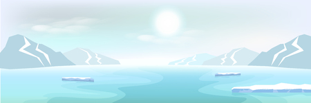 Arctic landscape iceberg and mountains, winter poster abstract background vector illustration in long horizontal styleのイラスト素材