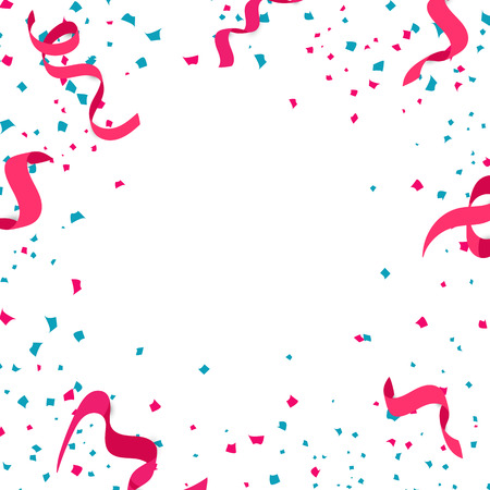Ribbons confetti, paper scatter and exploding square frame celebration party isolated on white abstract background vector illustrationのイラスト素材