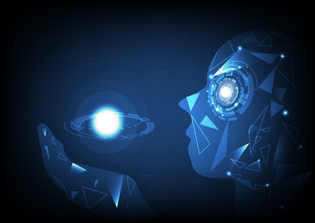 Artificial intelligence, polygon hand holding energy of planet with grid and circuit network concept abstract background, vector digital technology futuristic illustrationのイラスト素材