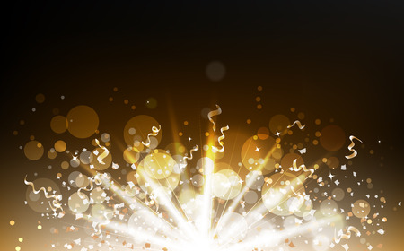 Explosion confetti scatter with light beam, gold particles, ribbons, dust, glowing dust blurred, Bokeh glitter blinking celebration festival abstract background vector illustrationのイラスト素材