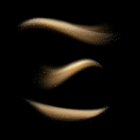 Gold shimmering magic curve waves with light effect isolated on black abstract background, stars dust trail scatter, motion of lines vector illustrationのイラスト素材