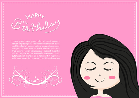 Happy birthday card with cute girl smiles cartoon character, lettering of kids and children romantic calligraphy, celebration poster vector illustrationのイラスト素材