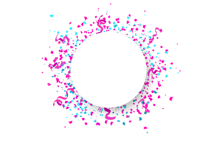 Confetti falling, paper and ribbons scatter explosion, circular frame banner celebration event party on white abstract background vector illustration, pink and blue conceptのイラスト素材