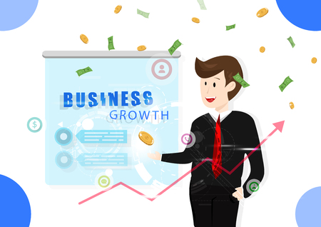 Business growth, man working, technology information symbol, investment, profit money falling, successful vector illustrationのイラスト素材