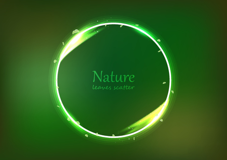 Leaves scatter banner nature concept, circular ring light shining glowing effect dust explosion bright neon, celebration event with blurry abstract background vector illustrationのイラスト素材