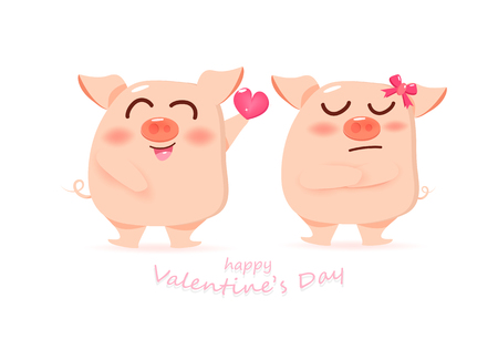Happy Valentines day love and romantic, pig gives heart, cute cartoon character vector illustrationのイラスト素材