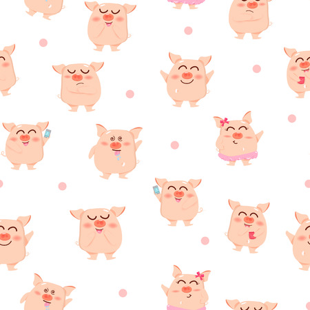 Cute pig, seamless pattern, cartoon character kids collection background fabric texture vector illustrationのイラスト素材