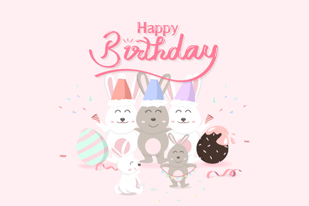 Birthday Easter, happy greeting card holiday, confetti decoration celebrate party poster, adorable rabbit with eggs, cute bunny cartoon invitation vector illustrationのイラスト素材