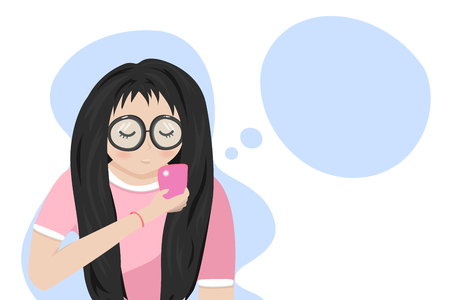 Teenage girl playing phone and thinking, lifestyle relaxing, student, people cartoon characters flat design, vectorのイラスト素材