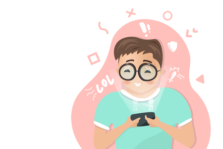 Boy is playing game on mobile phone, digital technology, lifestyle relaxing, teenage student, media addiction, people cartoon characters flat design, vectorのイラスト素材