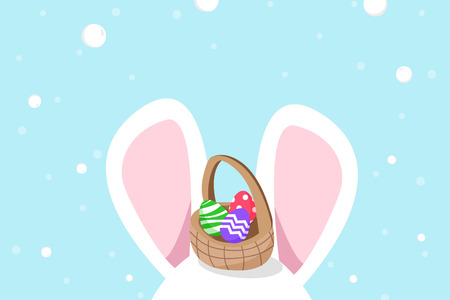 Cute white bunny with egg in basket on head, rabbit cartoon vector, Happy Easter, seasonal holiday backgroundのイラスト素材