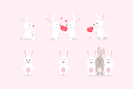Cute rabbit and friends, white bunny, animal kid cartoon characters, Valentines day and friendship, vector illustrationのイラスト素材