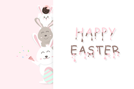 Easter card, happy greeting holiday, dessert decoration celebrate party poster, adorable rabbit with eggs pink pastel concept, cute bunny cartoon invitation vector illustrationのイラスト素材