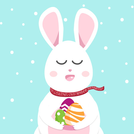 Cute rabbit greeting card, Happy Easter and Christmas in winter, bunny cartoon background seasonal holiday vector illustrationのイラスト素材