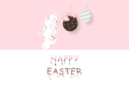 Easter, adorable rabbit carry a baby taste chocolate egg fancy, liquid melted text, greeting card holiday, paper decoration poster, cute bunny cartoon invitation vector illustrationのイラスト素材