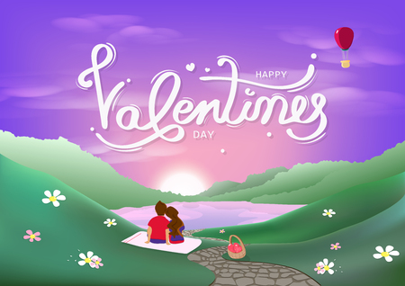 Valentines day, happiness of lover, honeymoon romance concept, calligraphy decoration, landscape scene, purple and pink pastel seasonal holiday abstract background vector illustrationのイラスト素材