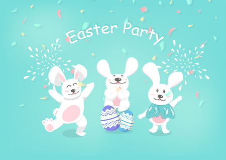 Easter, greeting card celebrate party holiday, cute rabbit characters and egg with confetti background vector illustrationのイラスト素材