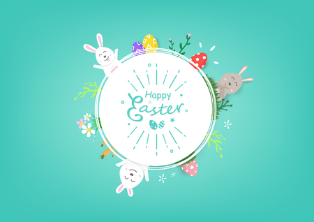 Happy Easter, circles frame, decoration celebrate holiday, spring time with cute rabbit, paper art poster background vector illustrationのイラスト素材