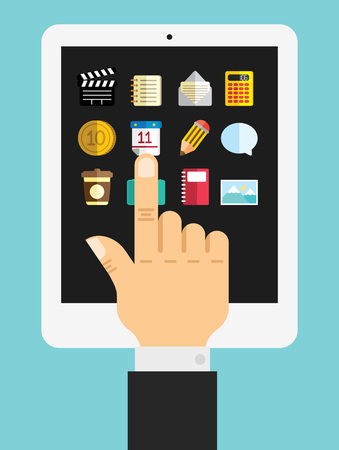 hand tapping apps on tablet computer in flat style illustrationのイラスト素材