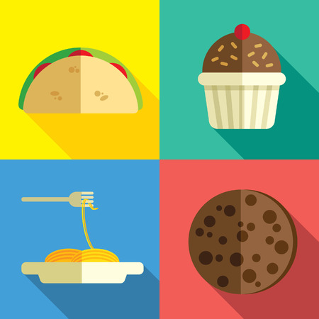 Set of food flat icon, taco, cookies, cupcake and noodleのイラスト素材