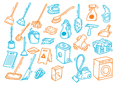 Set of cleaning equipment in doodle style.のイラスト素材
