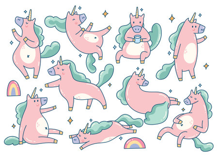 Set of cute unicorns. Vector illustration in doodle style.のイラスト素材