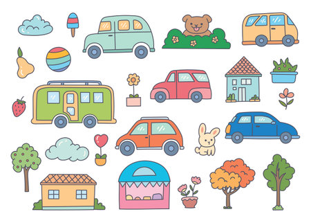 cute vehicle sticker doodle collectionのイラスト素材