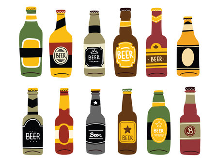 Various Vintage Beer Bottle Doodle Design Elementのイラスト素材