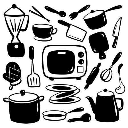 Hand drawn kitchen utensils silhouette doodleのイラスト素材