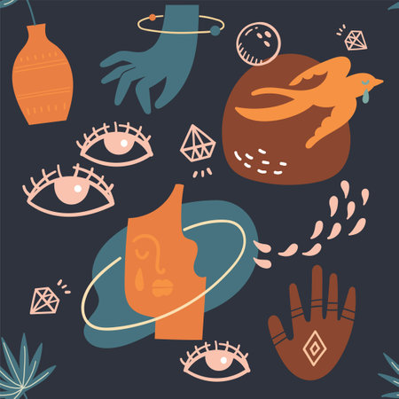 Seamless pattern with hand drawn elements. Vector illustration in flat style.のイラスト素材