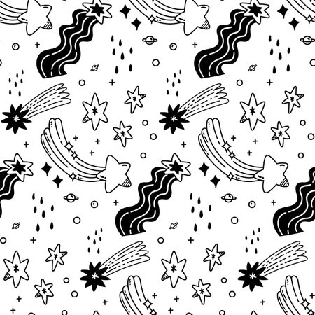 Seamless pattern with black doodle stars on white backgroundのイラスト素材