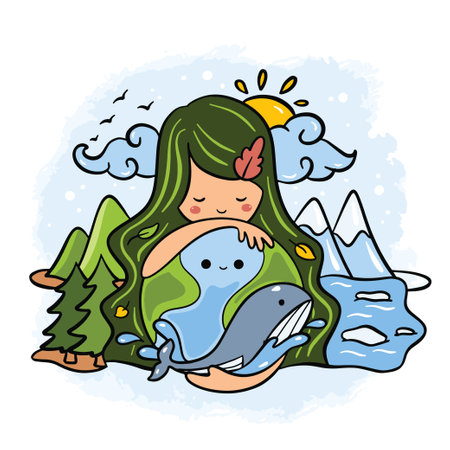Cartoon Mother Earth Concept Doodle Illustration, Ecology, Environment, Go Greenのイラスト素材