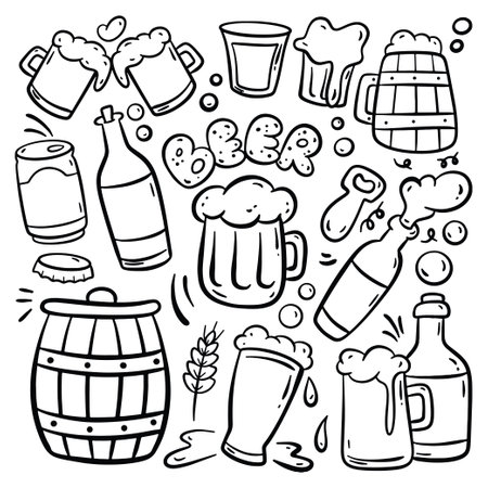Hand drawn doodle beer icon set. Vector illustration of beer icons.のイラスト素材