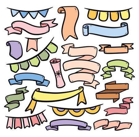 Set of hand drawn doodle ribbons, banners. Vector illustrationのイラスト素材