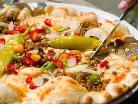 A close-up of a chili pizza.の写真素材