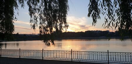 sunset behind the lake through the trees in summerの写真素材