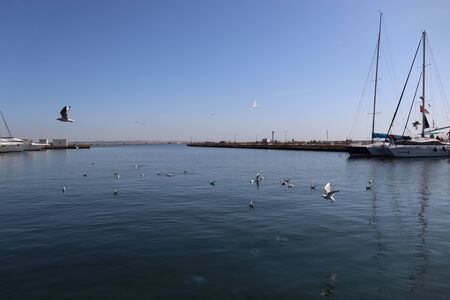 water, sky, harbor piers, vacation boat at seaの写真素材