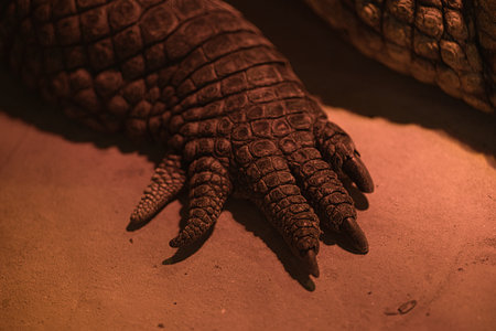 close-up of the muzzle of a crocodile, near the teeth of a crocodile in an aviary under artificial lightの写真素材