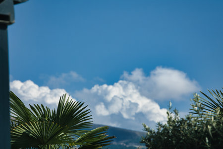 Summer holiday in the mountains, fluffy fairytale clouds over the mountains in Vlore, Albania - August 23, 2025の写真素材