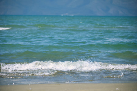 Sea Waves and Distant Mountains in Vlora, Albania â August 23, 2025の写真素材