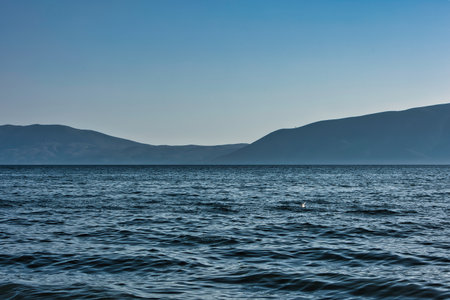 Minimalist summer landscape with birds flying above a mountain ridge under a clear blue sky. A serene nature scene.の写真素材
