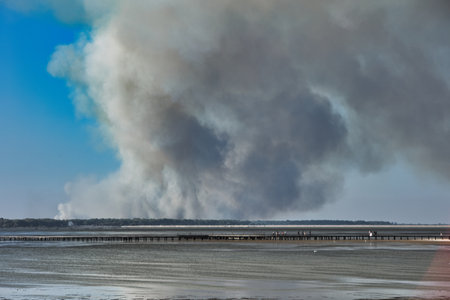 A distant wildfire sends a towering column of smoke into the sky above a small coastal island near Vlora, Albania, captured on August 25, 2025の写真素材