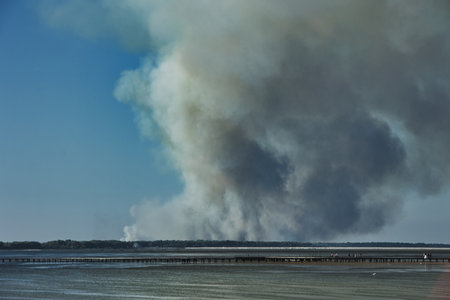 A distant wildfire sends a towering column of smoke into the sky above a small coastal island near Vlora, Albania, captured on August 25, 2025の写真素材