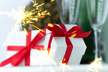 Gift Boxes with Glasses and Fruitの写真素材