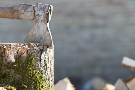 Ax on the Firewood Background. The Village Concept. Copy Spaceの写真素材