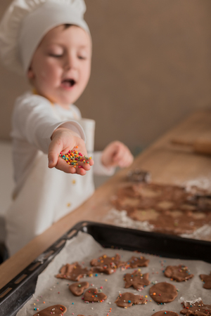 Baby Makes Christmas Cookies. Culinary Concept. Christmas Cooking. Childrenの写真素材